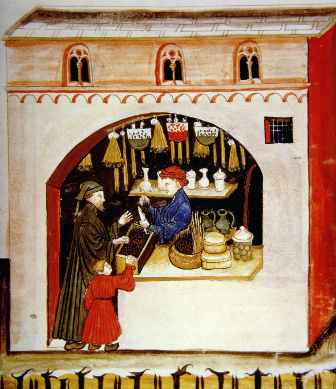 De verkoop van gedroogde druiven, uit Tacuinum Sanitatis door Italian School