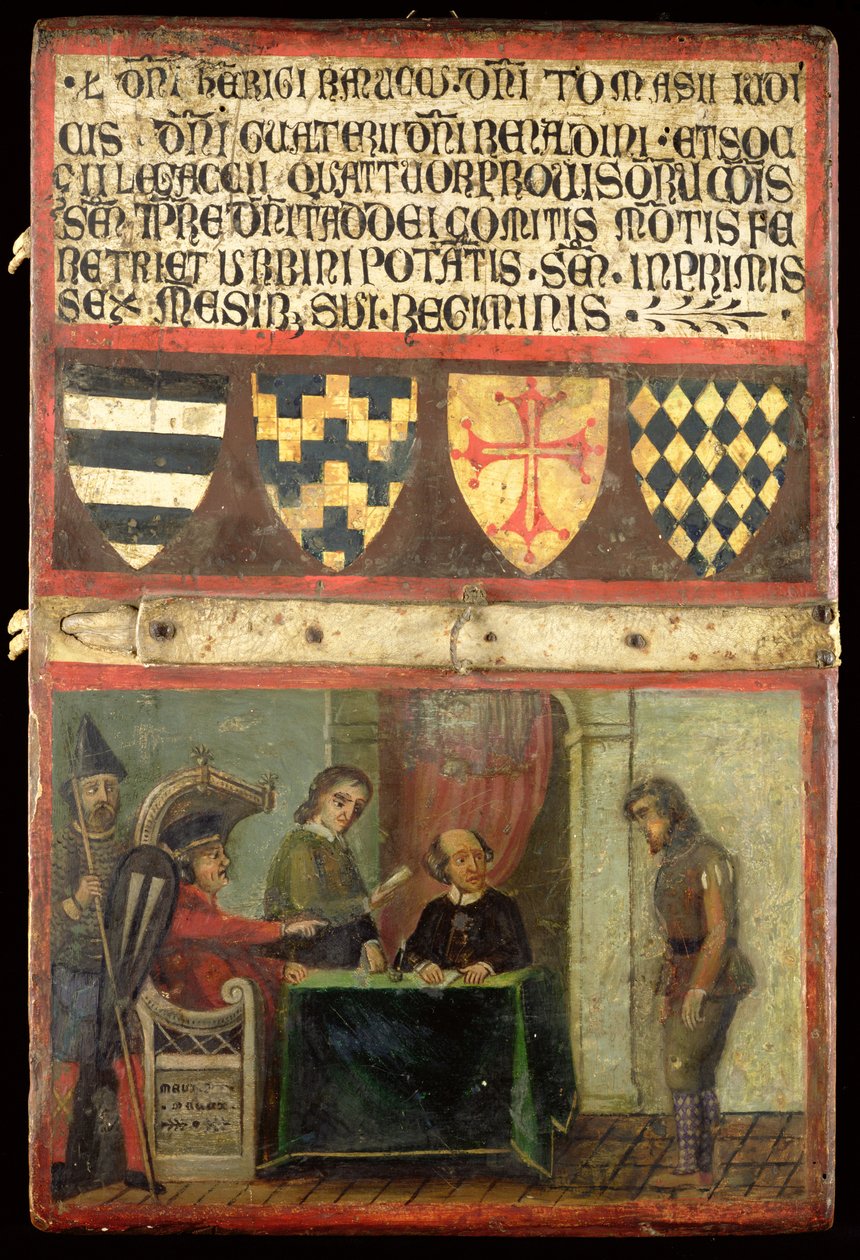 Scène van gerechtigheid met vier wapenschilden door Italian School