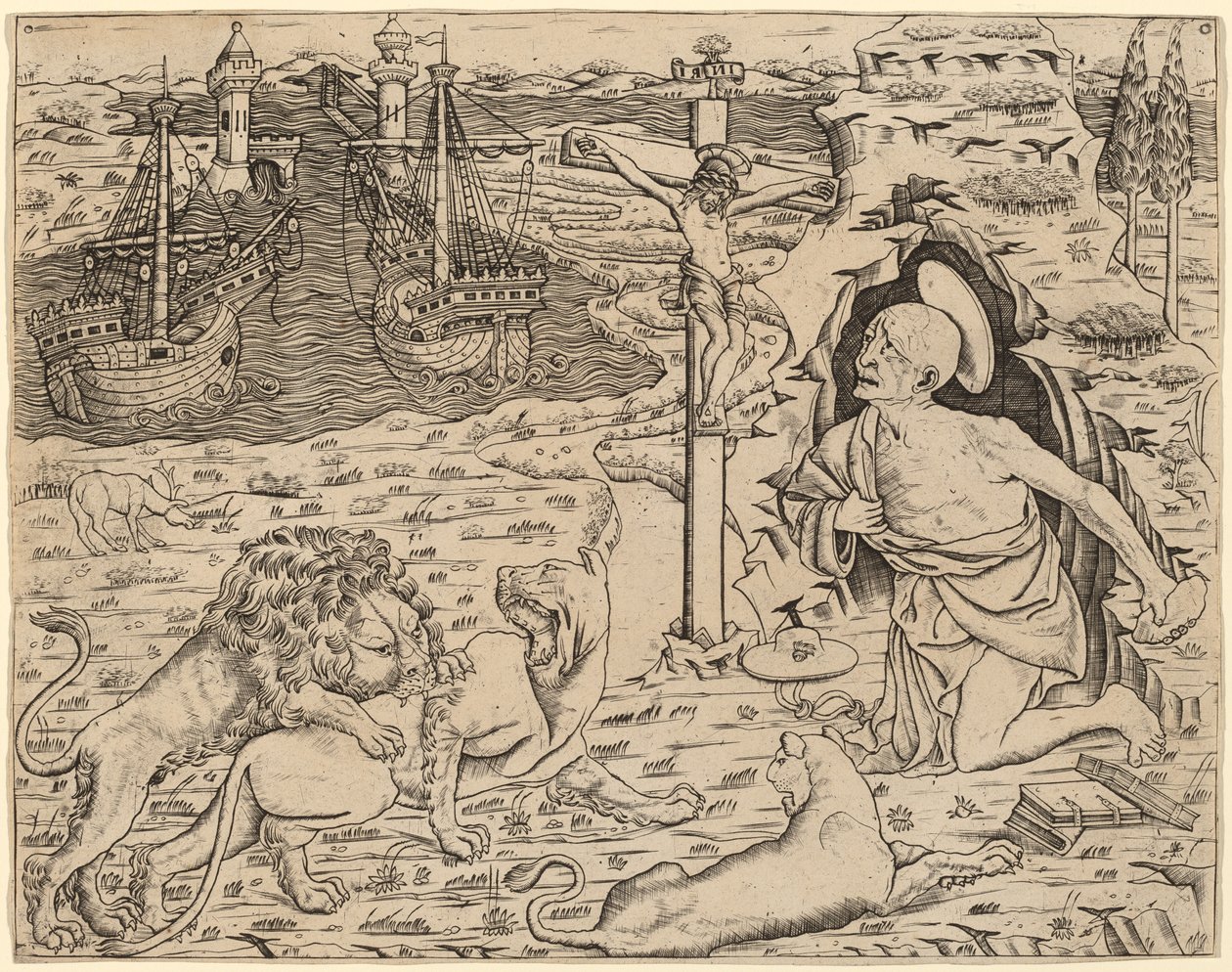Sint Hiëronymus in boetedoening, met twee schepen in een haven door Italian 15th Century