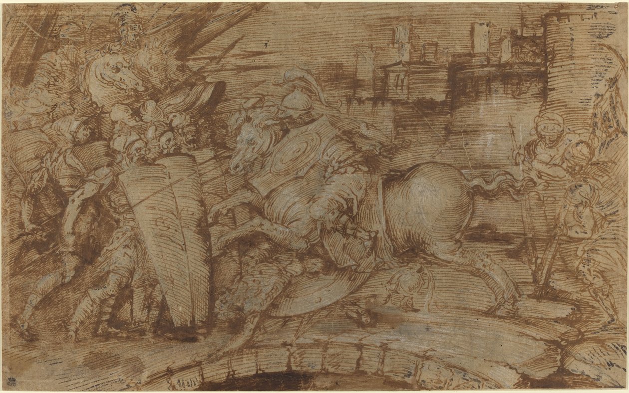 Horatius Cocles Verdedigt Rome door Italian 16th Century or Master of the Victoria and Albert Diableries