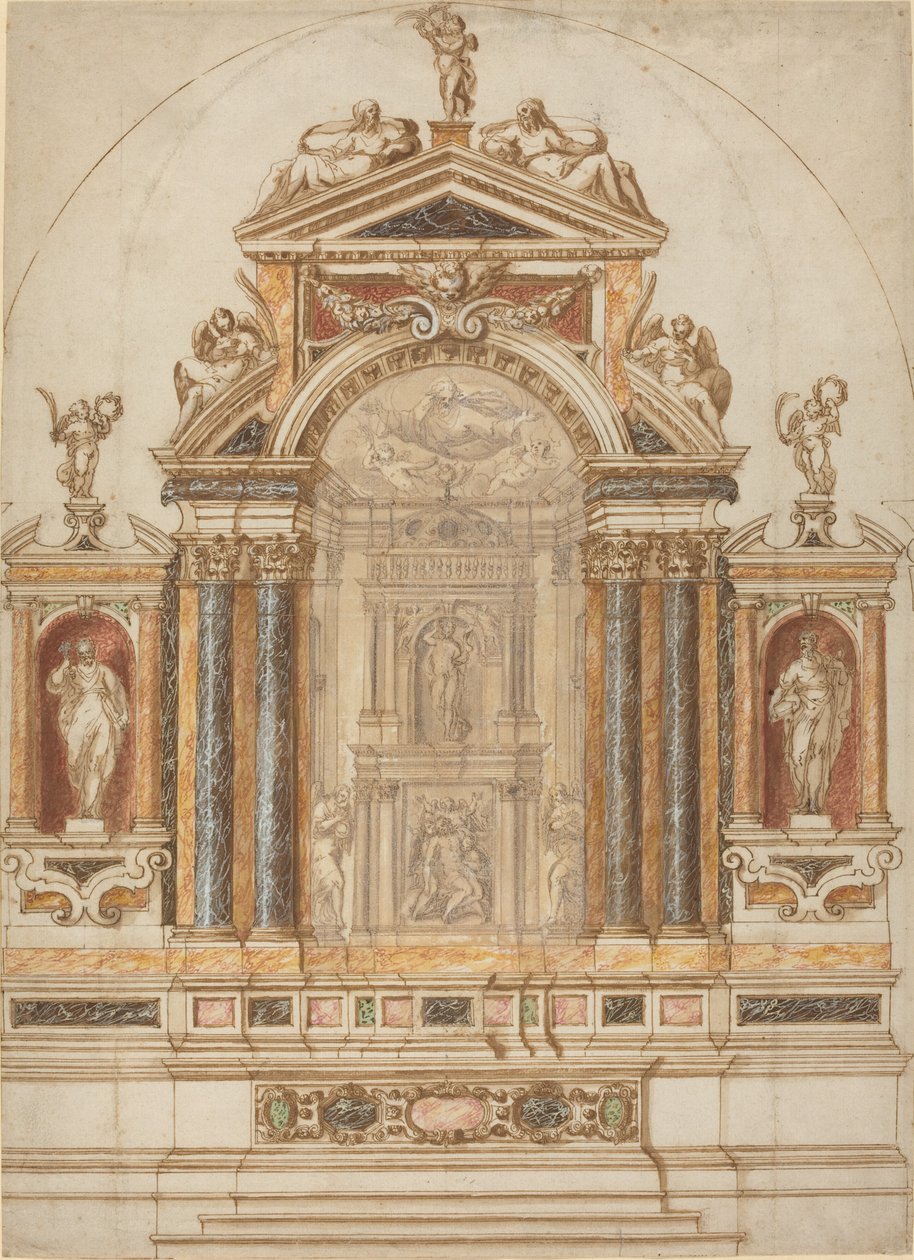 Een Uitgebreid Altaar van Gekleurd Marmer Versierd met Beelden door Italian 17th Century