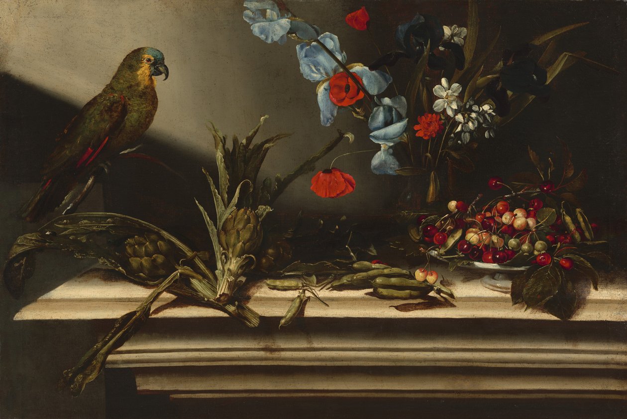 Stilleven met Artisjokken en een Papegaai door Italian 17th Century