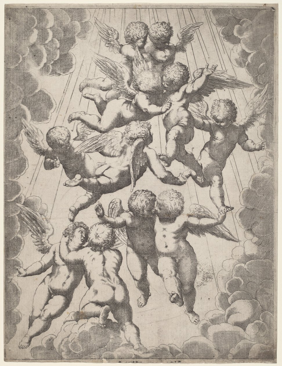 Een groep engelen in glorie door Italian 17th Century, after Guido Reni, after Luca Cambiaso
