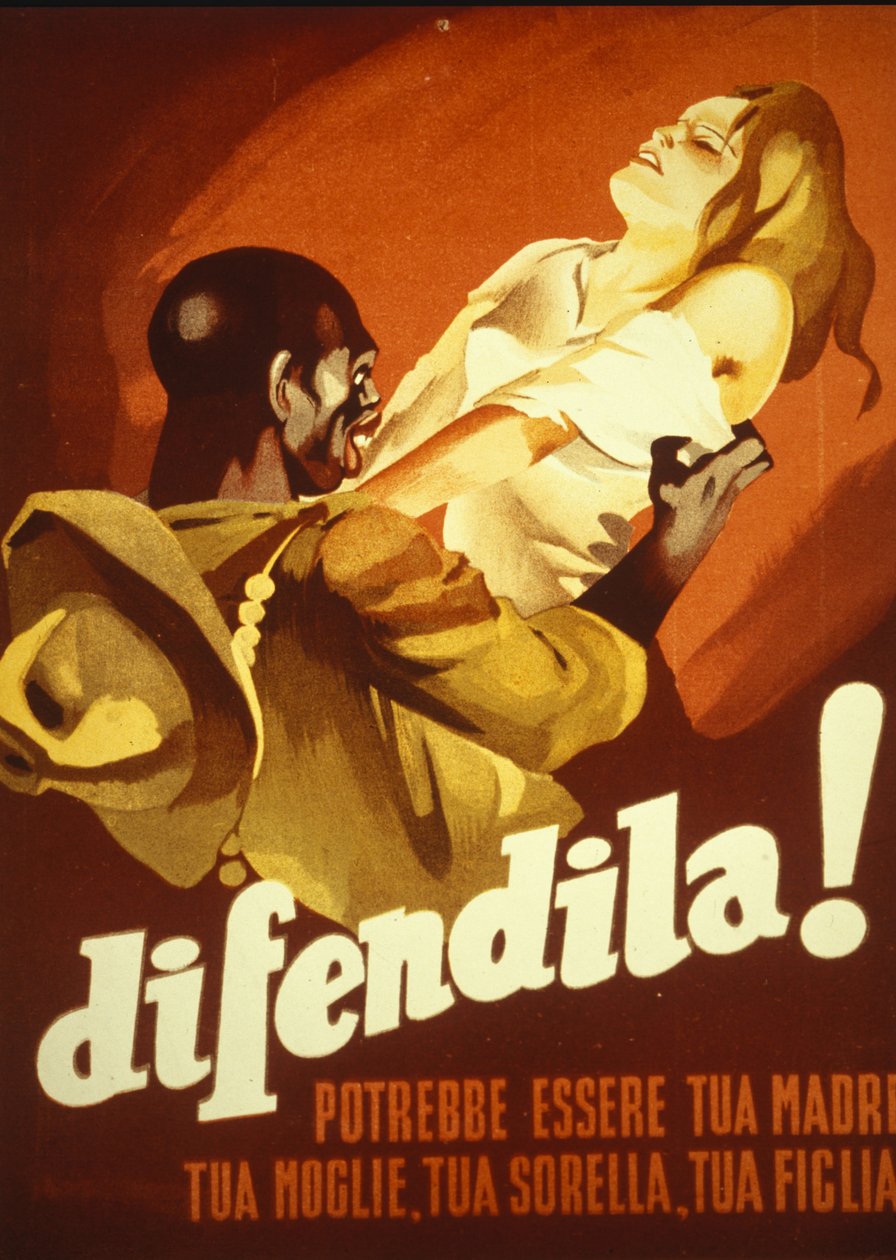 Poster waarop een jonge vrouw wordt aangevallen door een man met een kleurtje: Verdedig haar, ze kan je moeder zijn, je vrouw, je zus, je dochter. Italië door Italian School
