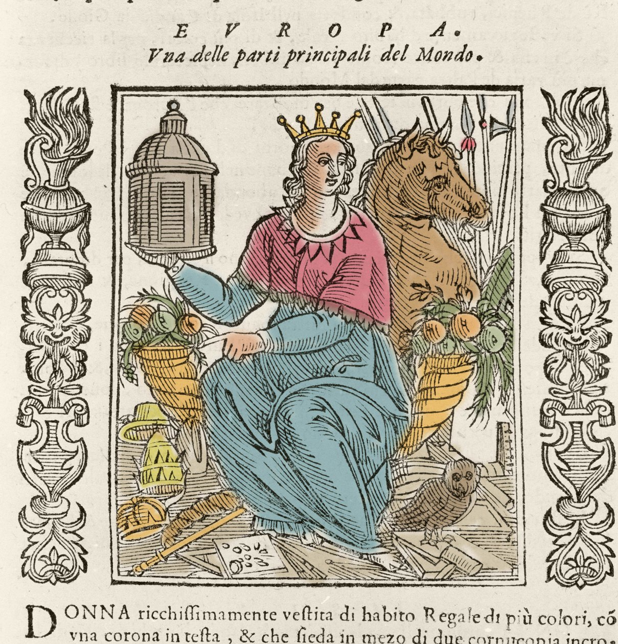 Allegorie van Europa in de vorm van een rijk geklede vrouw, gekroond, omringd door hoorns van overvloed. Plaat uit 