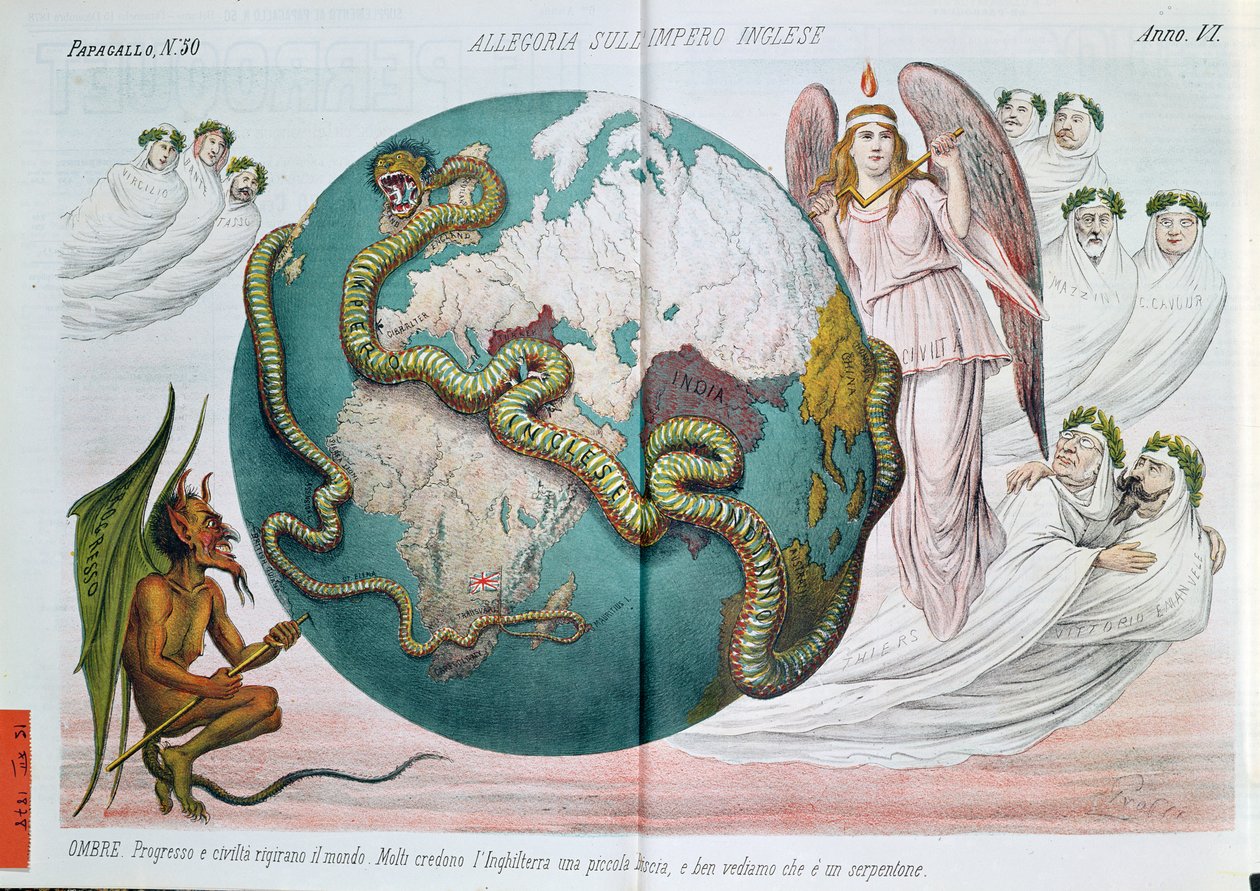Allegorie van het Britse Rijk dat de wereld wurgt, satirische cartoon uit Le Perroquet (Il Papagallo), 1878 door Italian School