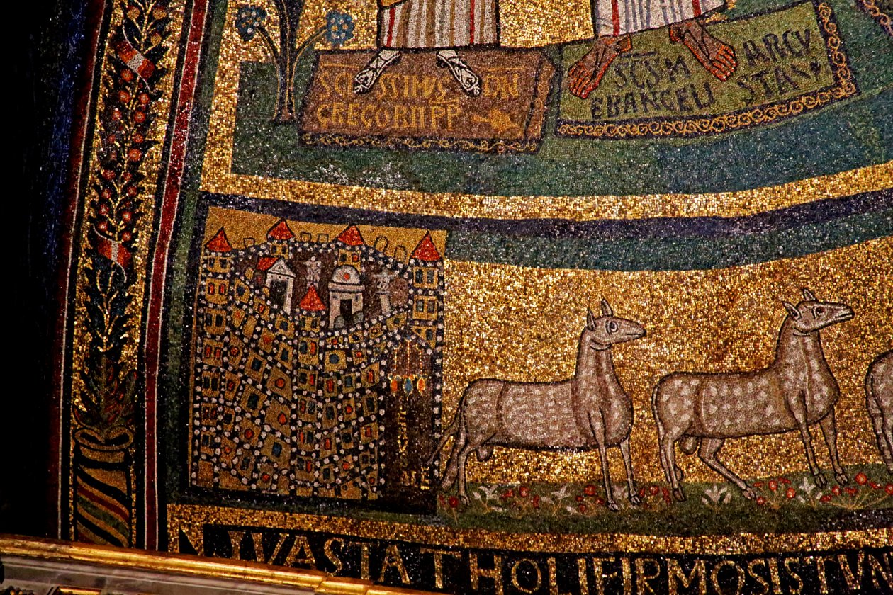 Apsis detail, Jeruzalem en schapen door Italian School