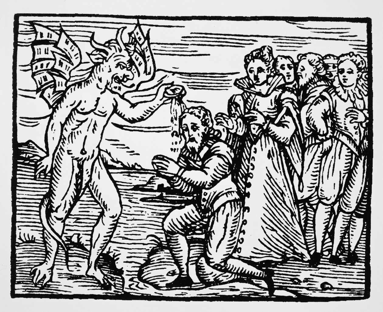 Doop door de duivel, kopie van een illustratie uit Compendium Maleficarum door Fr M Guaccius, Milaan 1608, gebruikt in History of Magic, gepubliceerd eind 19e eeuw door Italian School