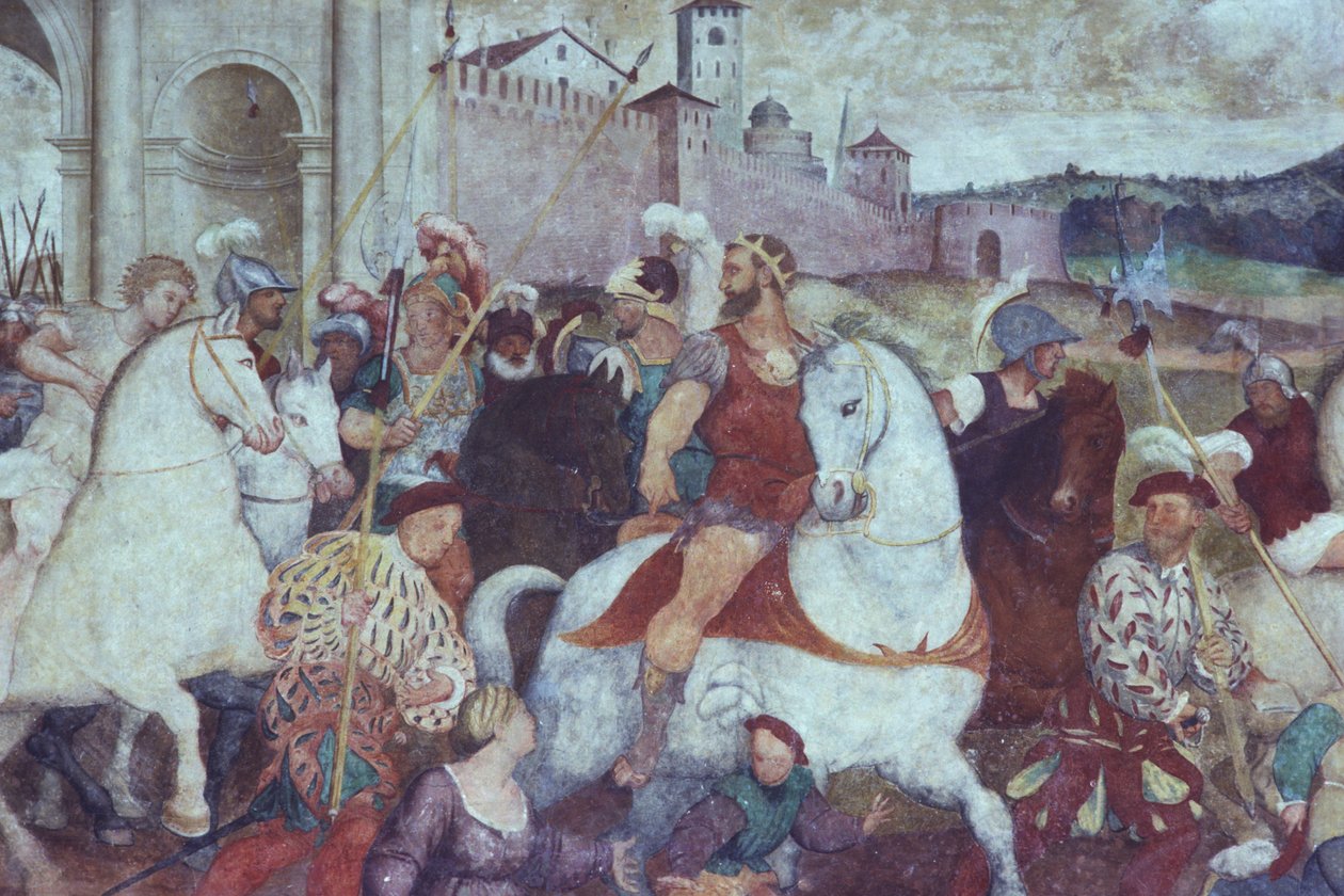 Slagveldscène buiten de stadsmuren, ca. 1460 door Italian School
