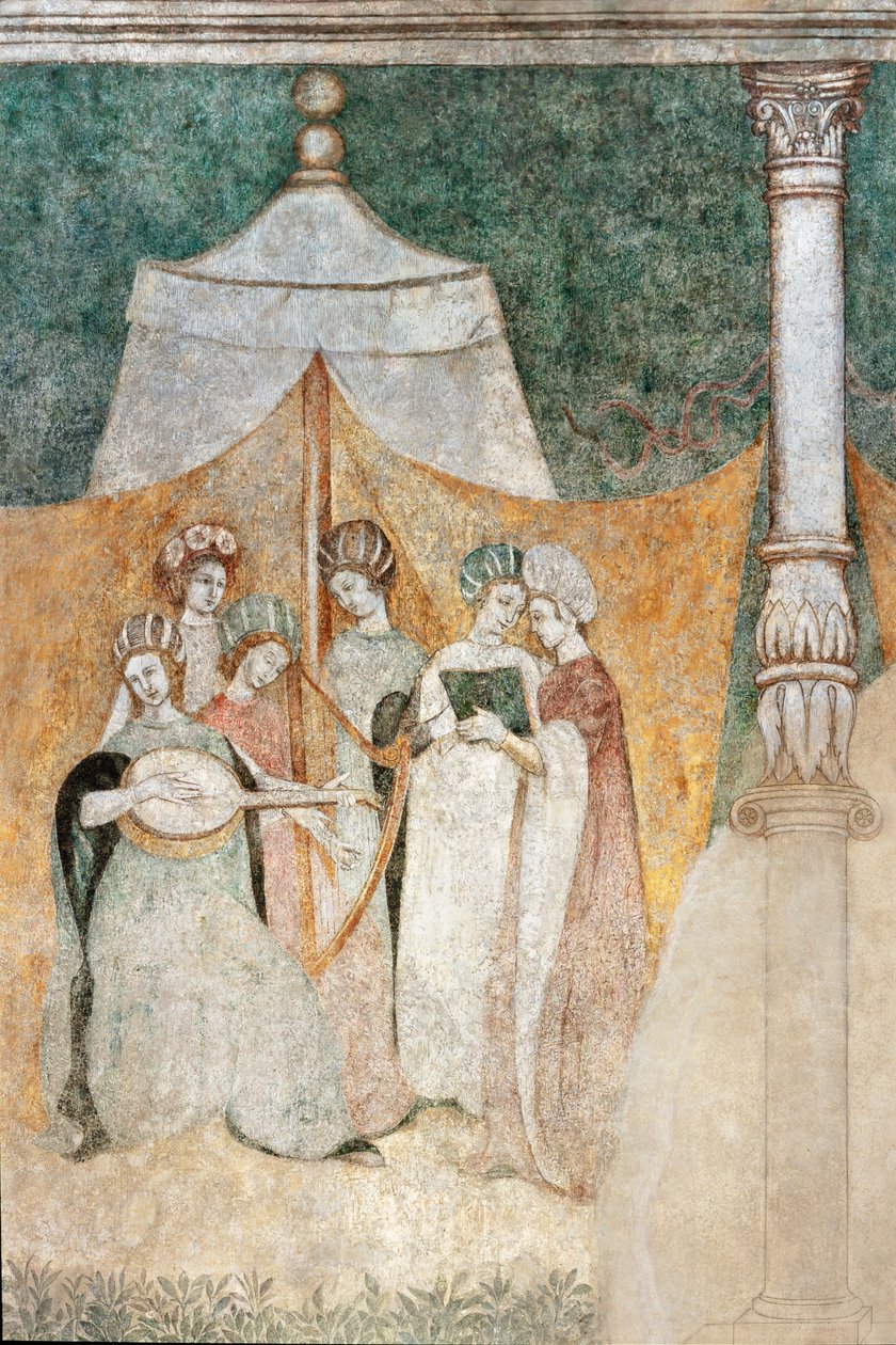 Bicocca degli Arcimboldi: 15e-eeuwse fresco, detail van vrouwen die muziek maken door Italian School