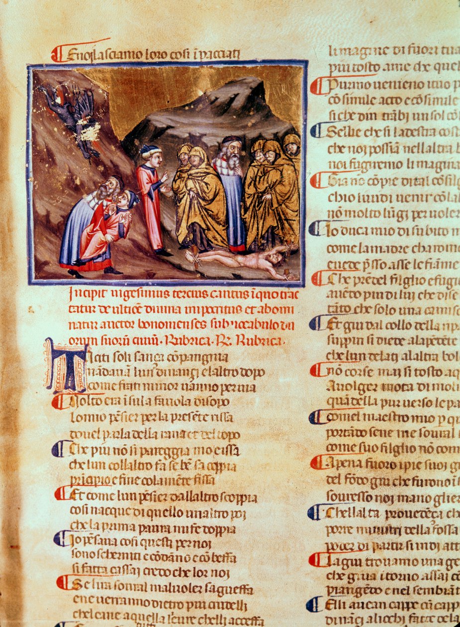 Canto XXIII Dante en Vergilius in de Cirkel van de Huichelaars, met Kajafas gekruisigd op de grond, uit de Goddelijke Komedie (de Inferno), ca.1313 door Italian School