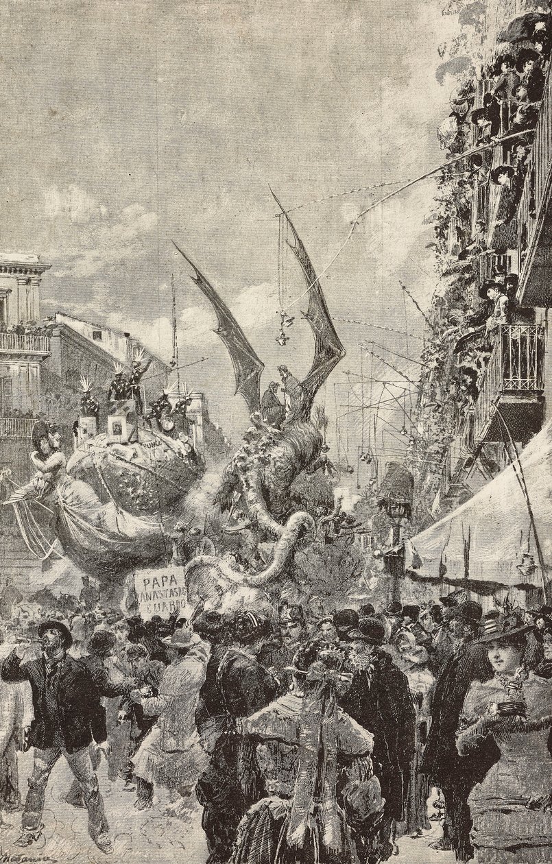 Karren paraderen tijdens de laatste dag van Carnaval, Napels, Italië, gravure naar tekening van Matania, uit L