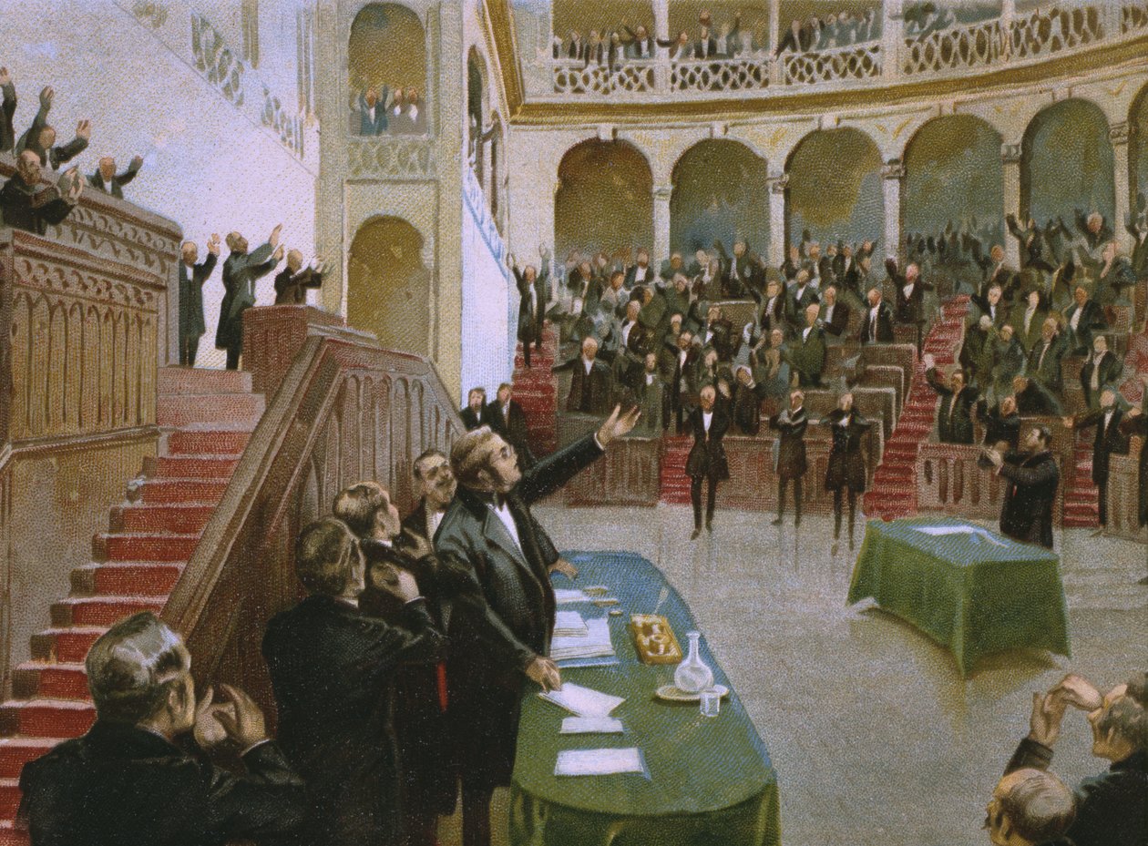 Cavour laat het eerste Italiaanse nationale parlement koning Victor Emmanuel II (1820-78) toejuichen op 18 februari 1861, illustratie uit een album over de geschiedenis van Risorgimento gemaakt voor de chocolade Talmone, eind 19e eeuw door Italian School