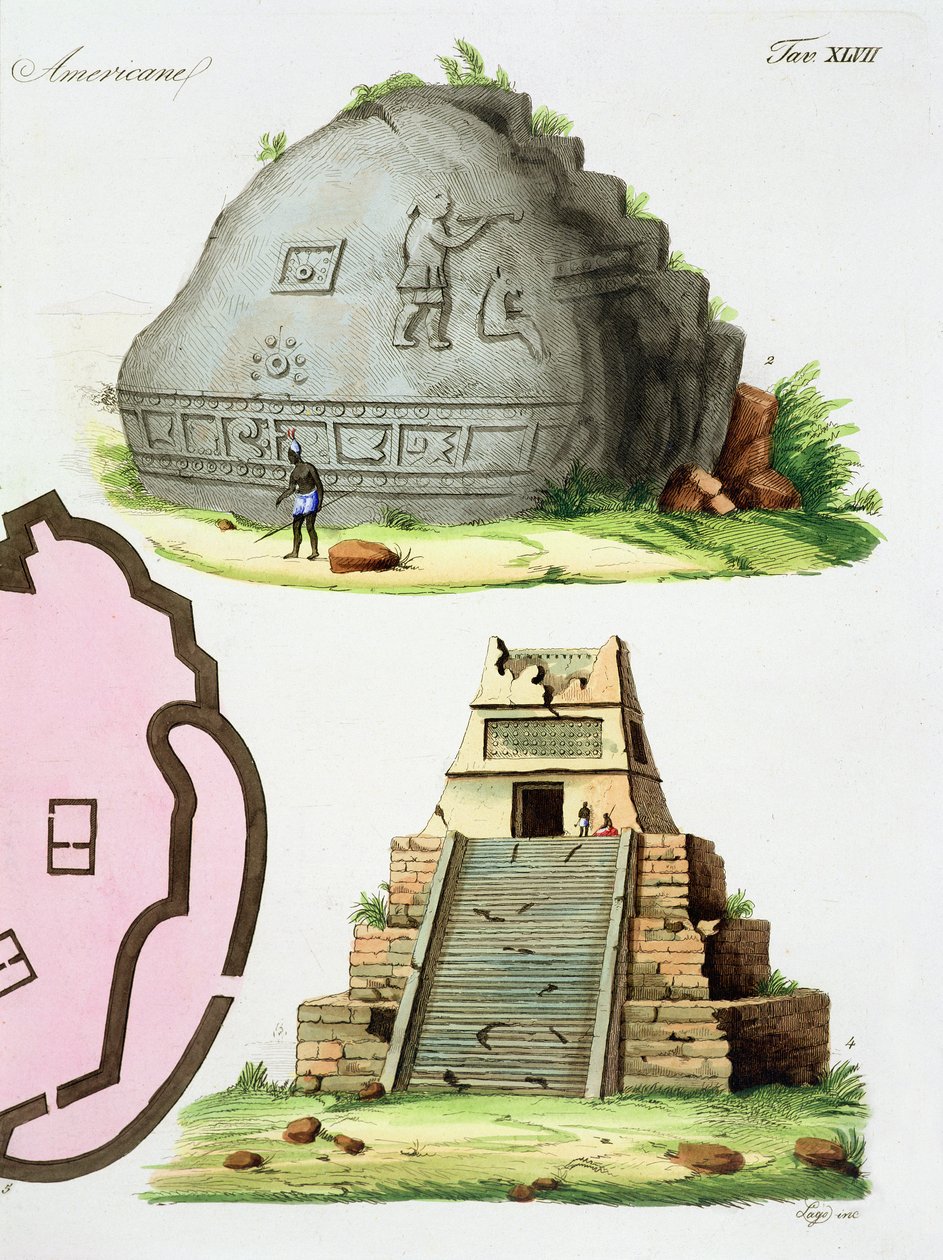 Centraal-Amerikaanse Oudheden, detail van twee piramides, plaat 47 uit 