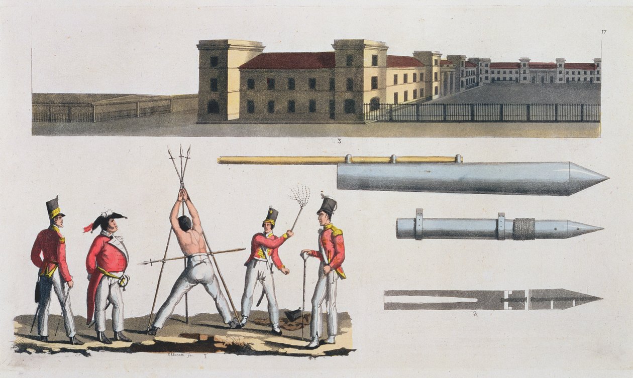 Chatham Barracks, een militaire straf genaamd de Driehoek en Congreve-raketten, plaat 17 uit De geschiedenis van de naties door Italian School