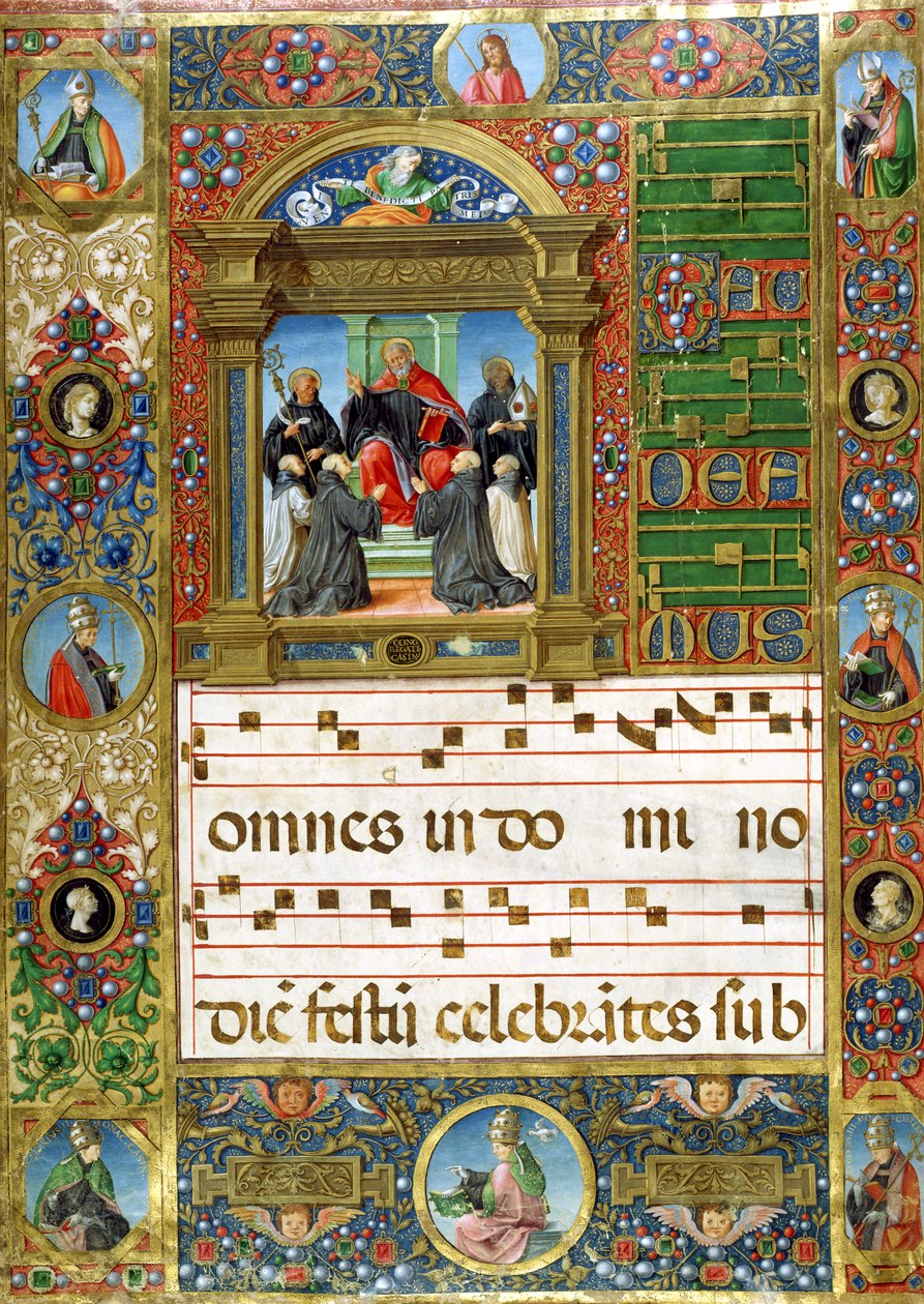Koor miniatuur met St. Benedictus die predikt tot monniken door Italian School