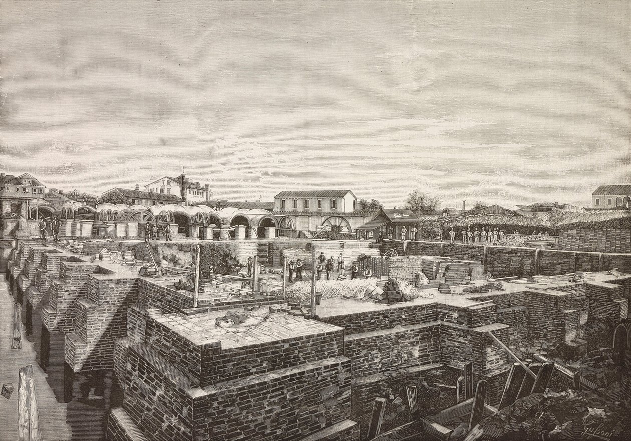 Cisterne van het nieuwe aquaduct in Venetië, Italië, gravure naar tekening van Gussoni, uit L