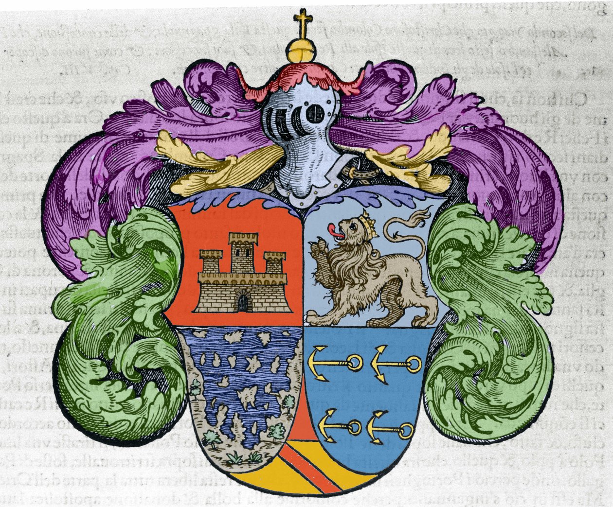 Wapen van navigator Christopher Columbus (1451-1506): de vier delen van het schild vertegenwoordigen bovenaan de stad Castilië en León, onderaan de ontdekte eilanden en de symboolankers van de admiraal. Gravure uit het boek 
