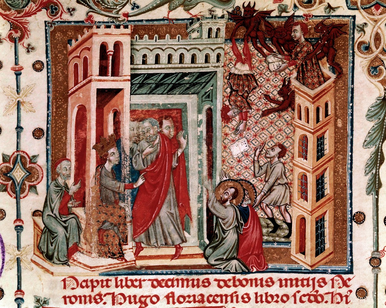 Codices Cavenses, Cod.25 f.181, Simon Magus, de Keizer Nero, en de Apostelen, miniatuur uit Speculum Historiale, Deel I, door Vincent de Beauvais, c.1320 door Italian School