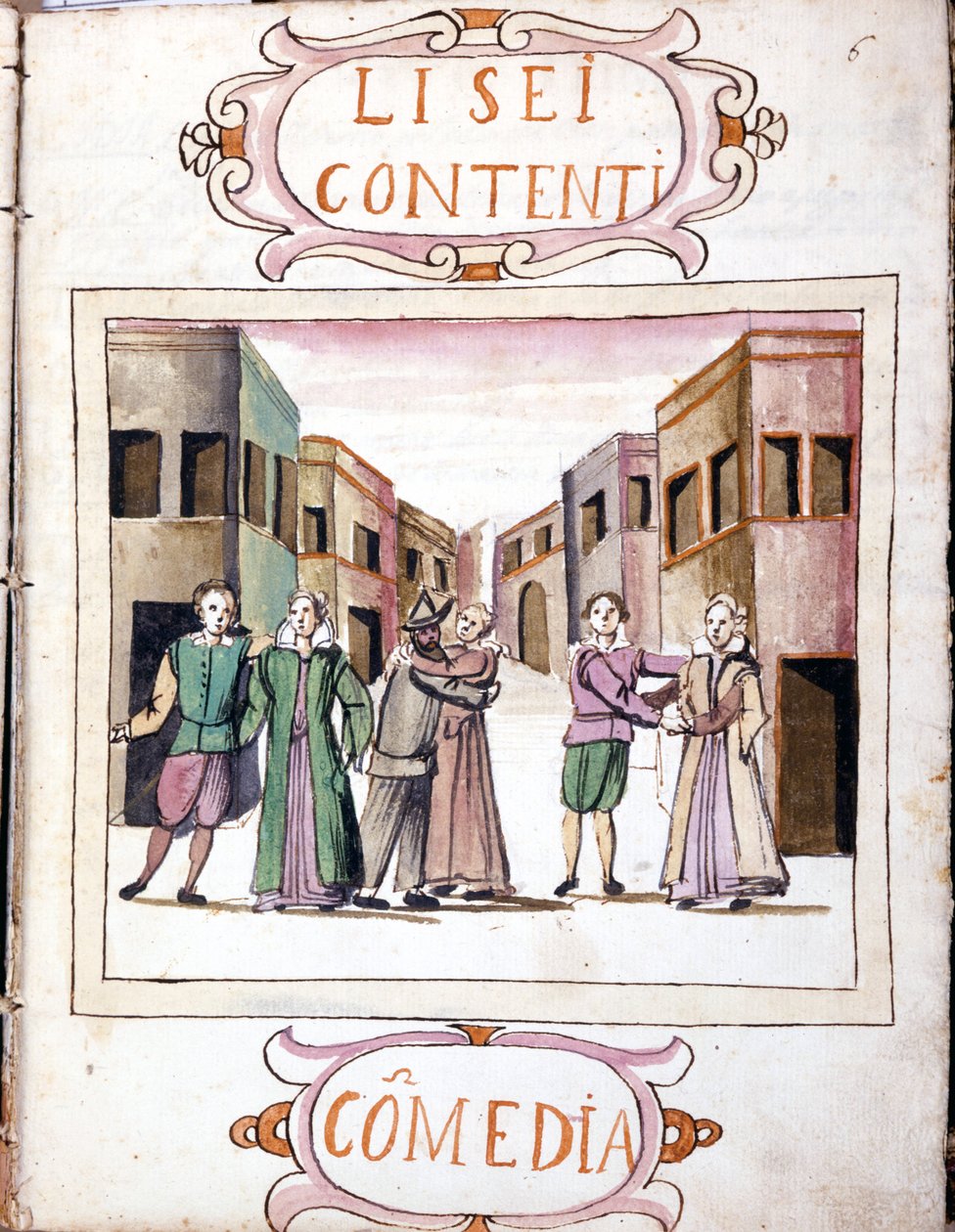 Komedie door Li sei contenti naar het manuscript “Scenari dei più scelti istrioni” (1621 - 1643). Rome, Accademia dei Lincei. door Italian School