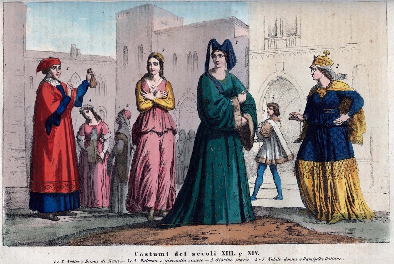 Kostuums in Siena tussen de XIII en XIV eeuw - kleding in Siena tussen de XIII en XIV eeuw - gravure uit 