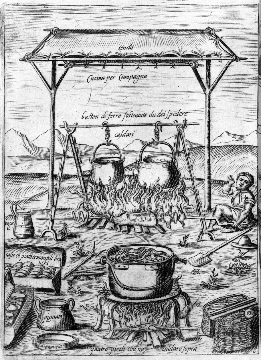Landelijke keuken: ketels en potten staan op het vuur. Gravure uit “Opera”, boek over gastronomie verdeeld in 6 delen, door Bartolomeo Scappi, persoonlijke kok van paus Pius V. Venetië door Italian School