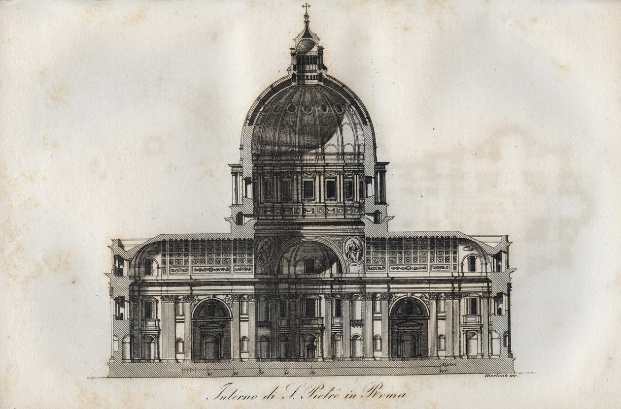 Dwarsdoorsnede van de Sint-Pietersbasiliek in Rome - gravure uit Usi e Costumi di Tutti i Popoli dell