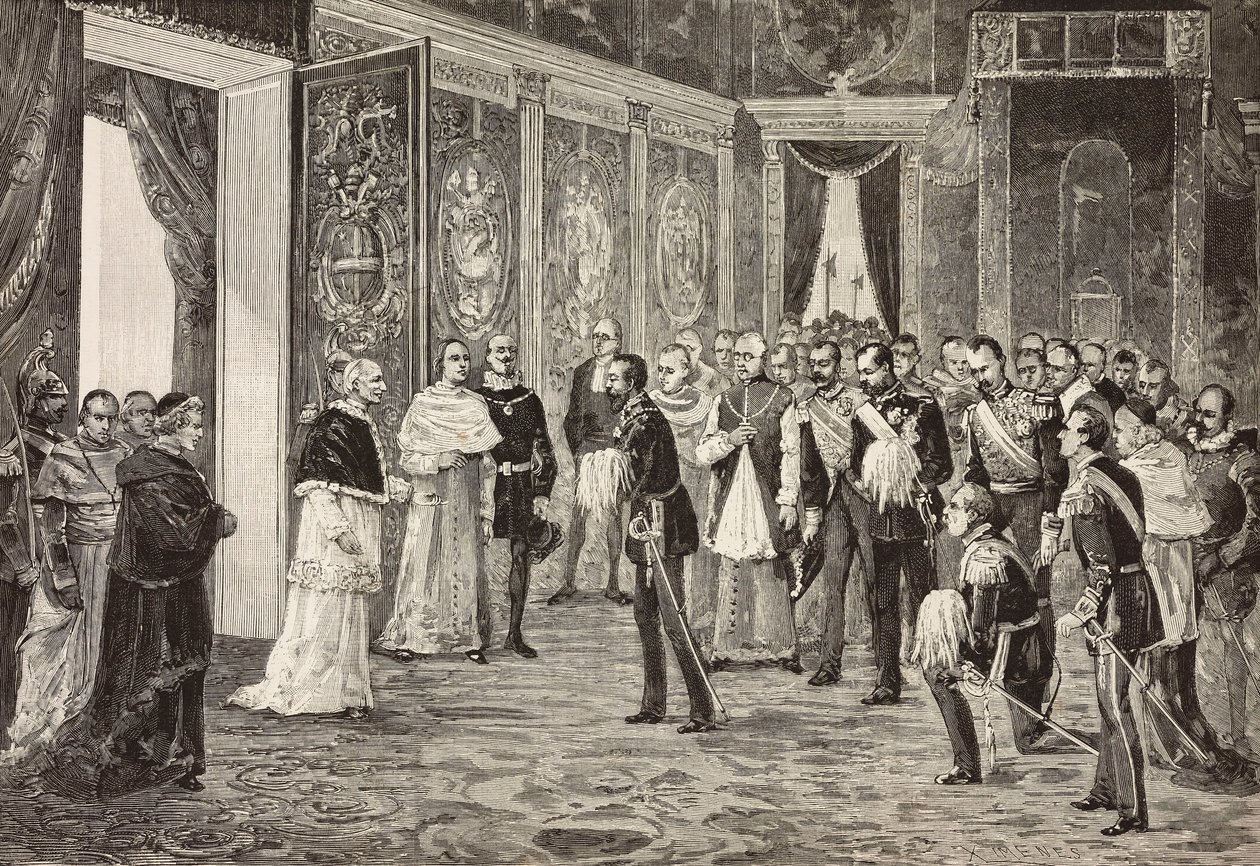 Kroonprins van Duitsland (toekomstige Frederik III) wordt ontvangen door paus Leo XIII in de Troonzaal, Vaticaan, gravure naar tekening door Ximenes naar schets door Dal Don door Italian School