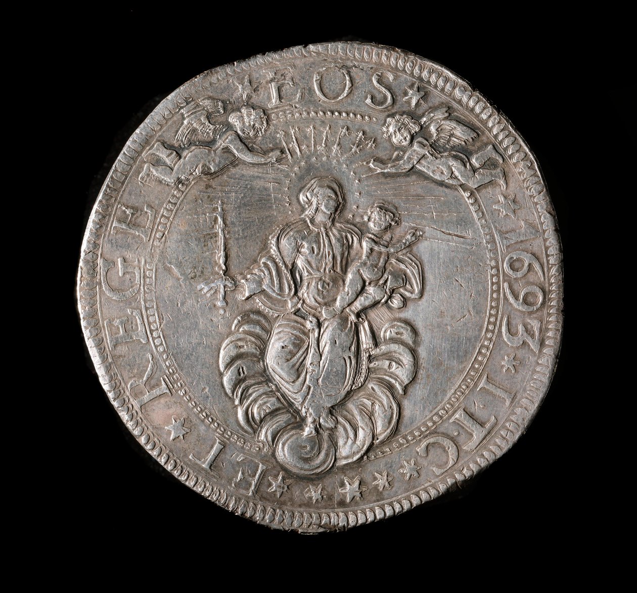 Munt van de Republiek Genua: vijf ecu zilveren munt. Diam. 61 mm. 1693. Achterkant. Genua Musei di Strada Nuova door Italian School