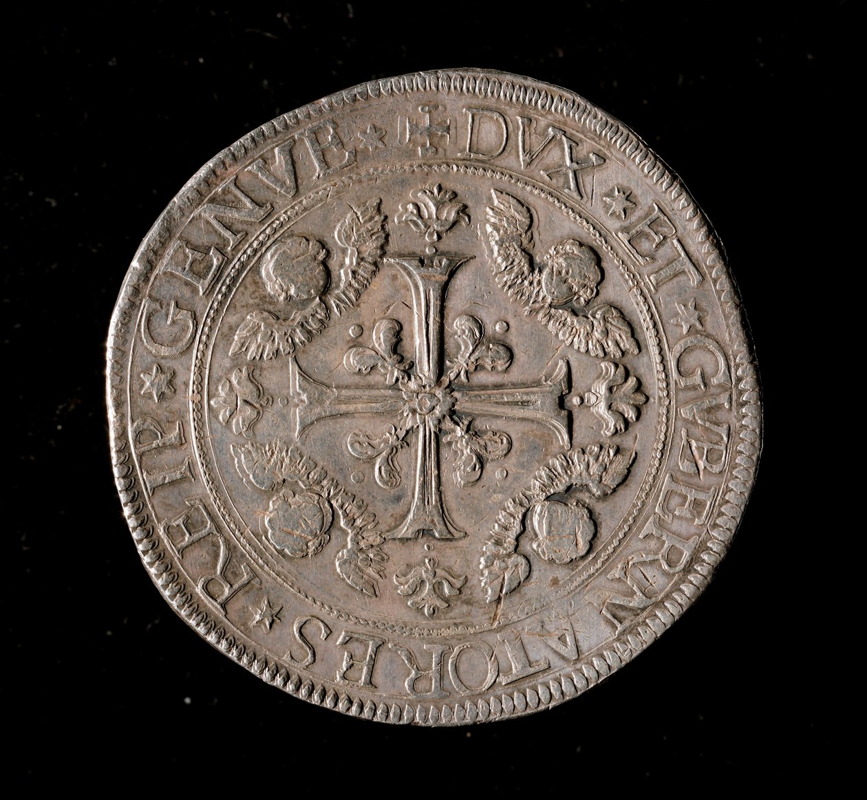 Munt van de Republiek Genua: vijf ecu zilveren munt. Diam. 61 mm. 1693. Voorzijde. Genua Musei di Strada Nuova door Italian School