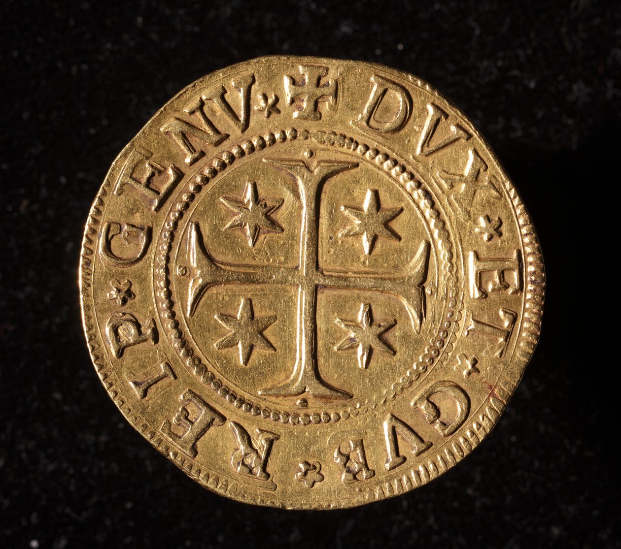 Munt van de Republiek Genua: vijf gouden doppie munt. Diam. 41 mm. 1652. voorkant. Genua Musei di Strada Nuova door Italian School