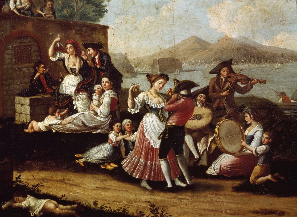 Dansscène en volksfeest in Napels. Dansers van de tarantella door Italian School