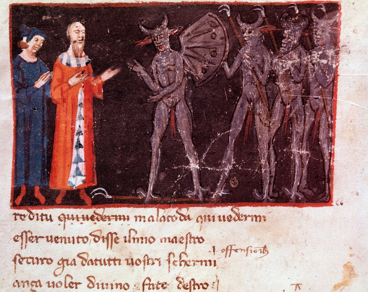 Dante en Vergilius spreken met Malacoda, leider van de Malebranche squadrons (lied 21 uit Inferno, in de Goddelijke Komedie) - miniatuur door Italian School