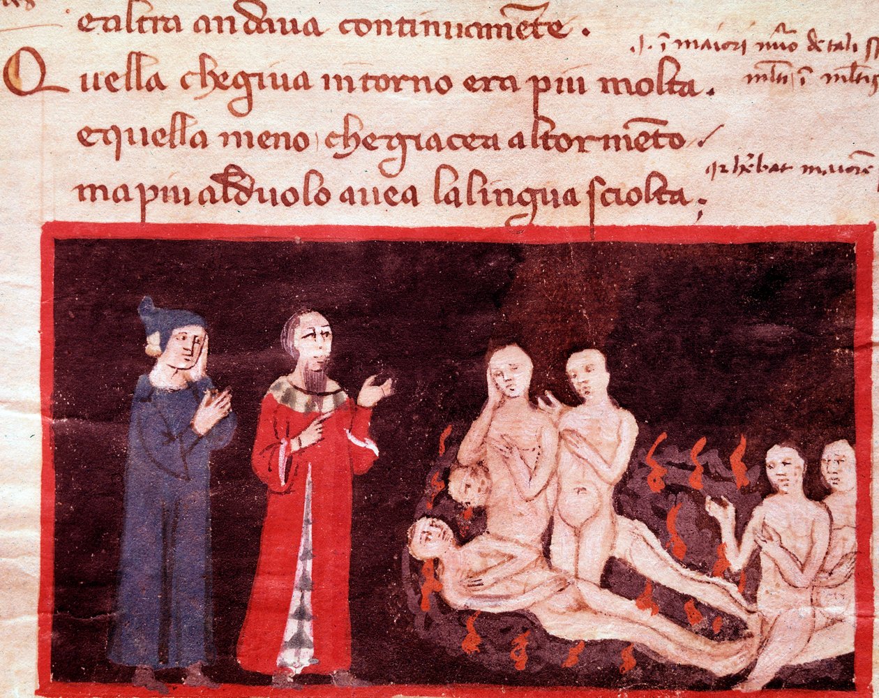 Dante en Virgil omringd door de gewelddadigen (lied 14 uit de Hel, in de Goddelijke Komedie) - miniatuur 14e eeuw door Italian School