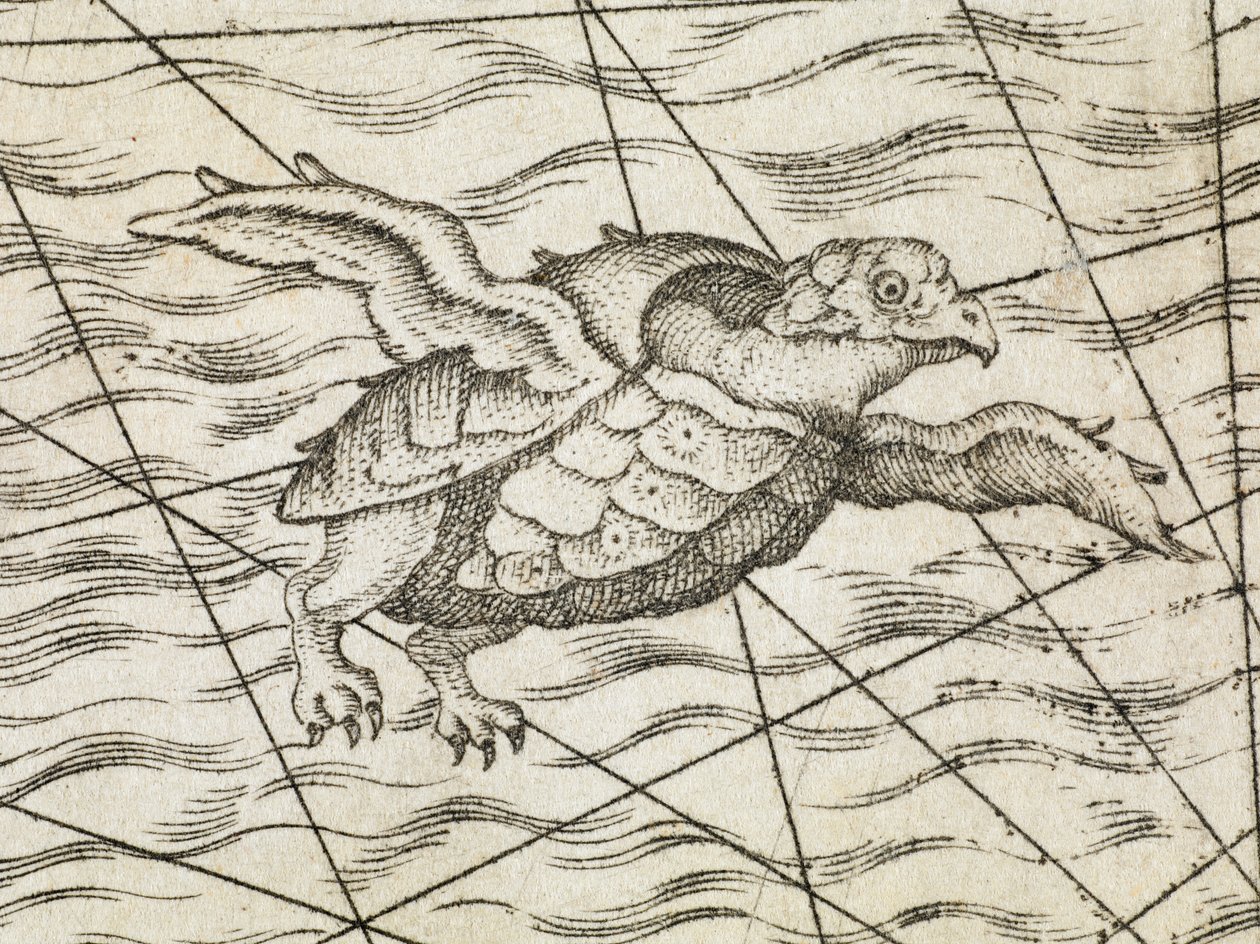 Detail van een vliegende schildpad op een kaart van Noord-Europa, uit 