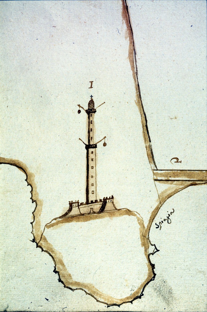 Detail van een handgeschreven topografische kaart uit de 17e eeuw die de positie van de Genua-lantaarn toont. door Italian School