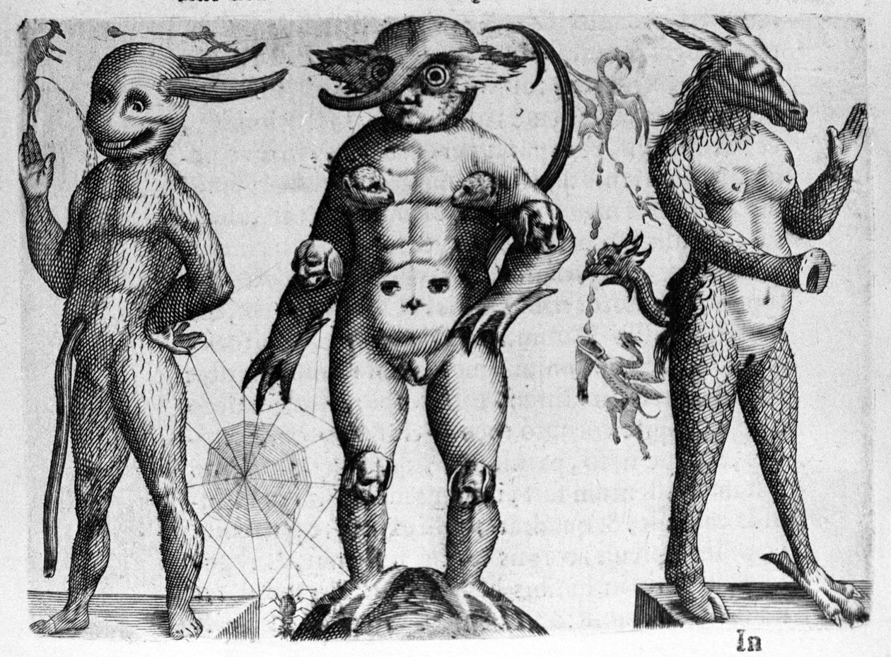 Verschillende soorten menselijke monsters met half menselijke, half dierlijke lichamen. Gravure uit 