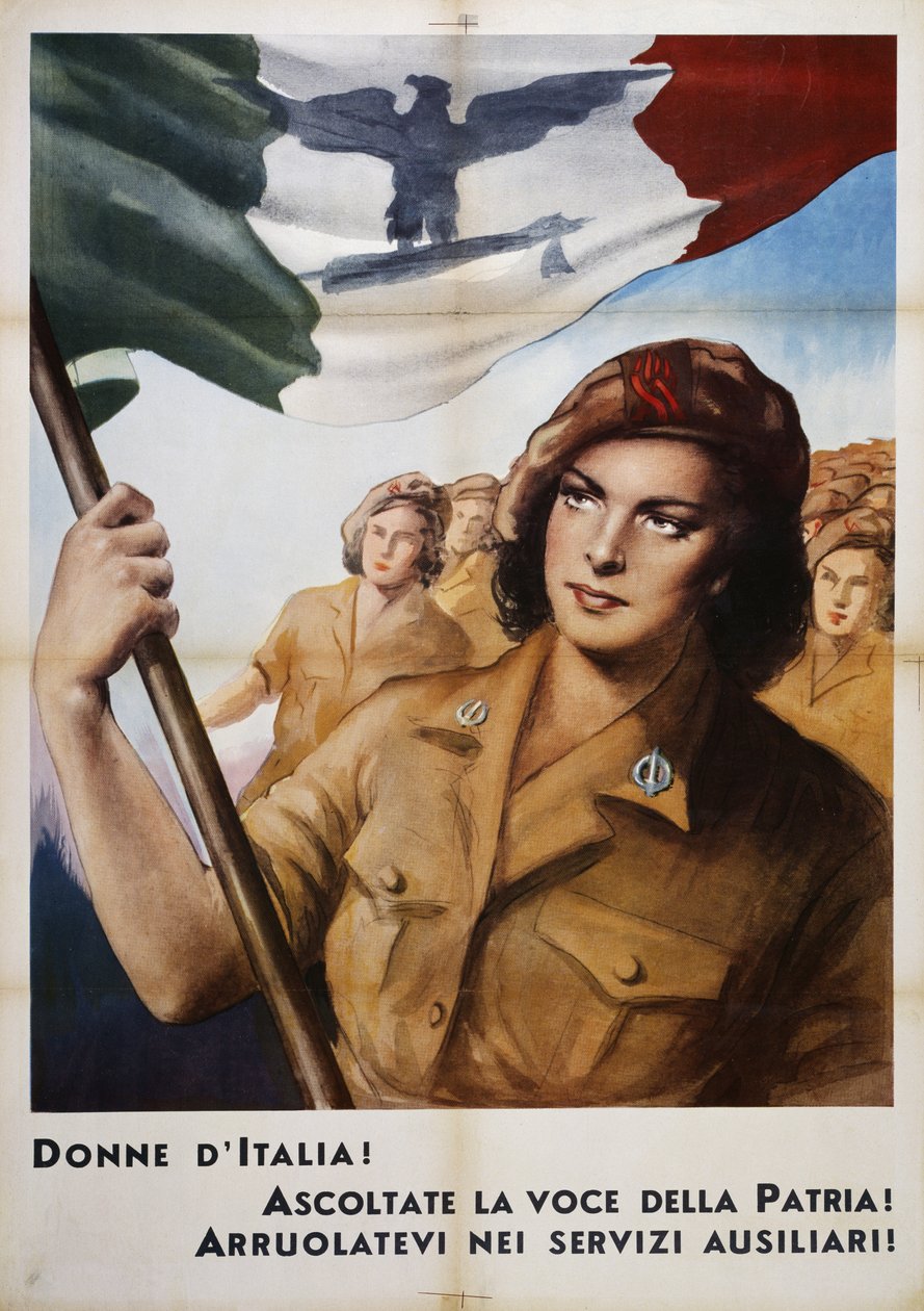 Vrouwen van Italië luister naar de stem van het vaderland! Neem deel aan de hulpdiensten! (Vrouwen van Italië luister naar de stem van het vaderland! Neem deel aan hulpdiensten!), propagandaposter, Italië, 20e eeuw door Italian School