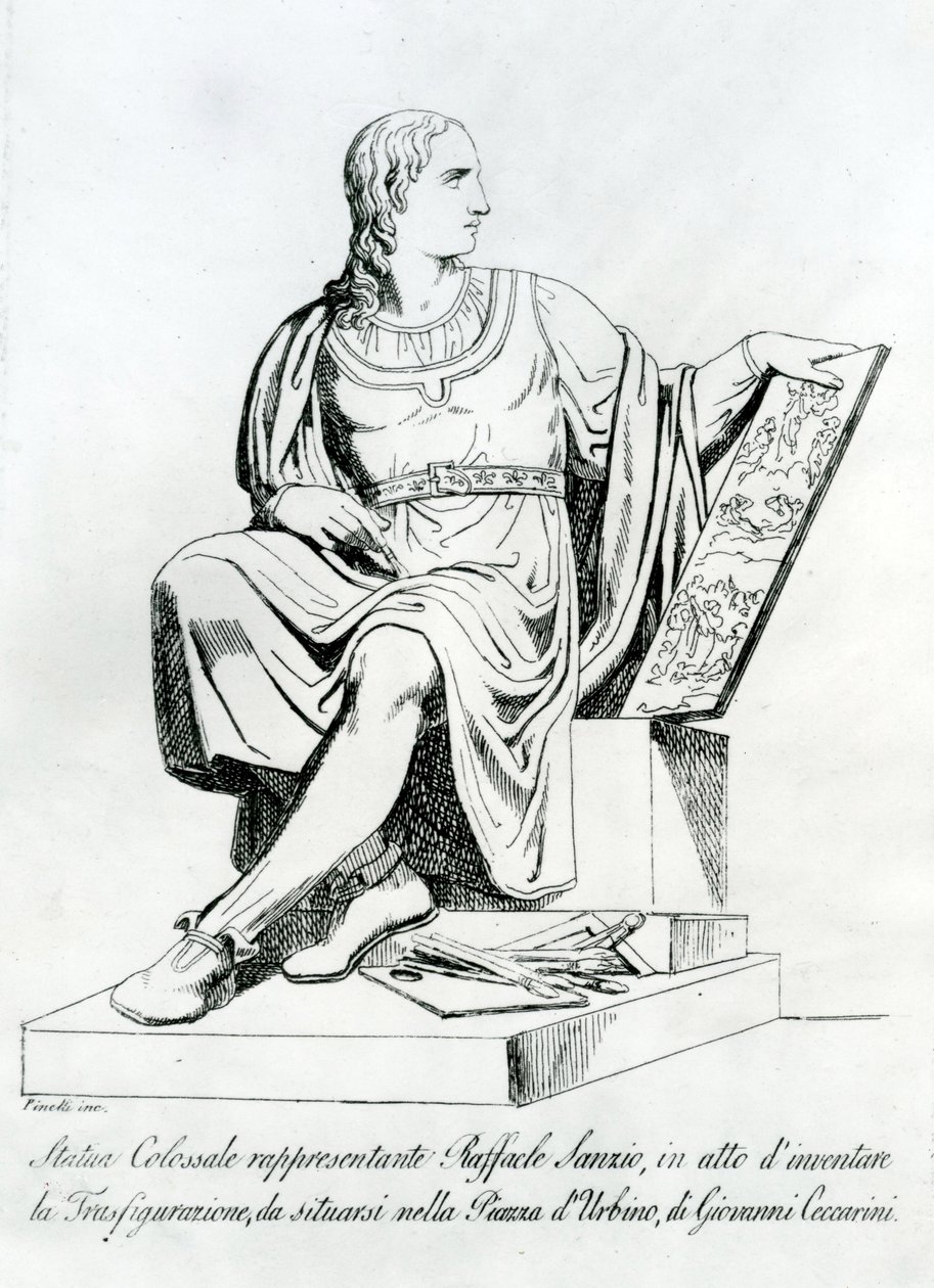 Tekening van een standbeeld door Giovanni Ceccarini van Raffaello Sanzio da Urbino door Italian School
