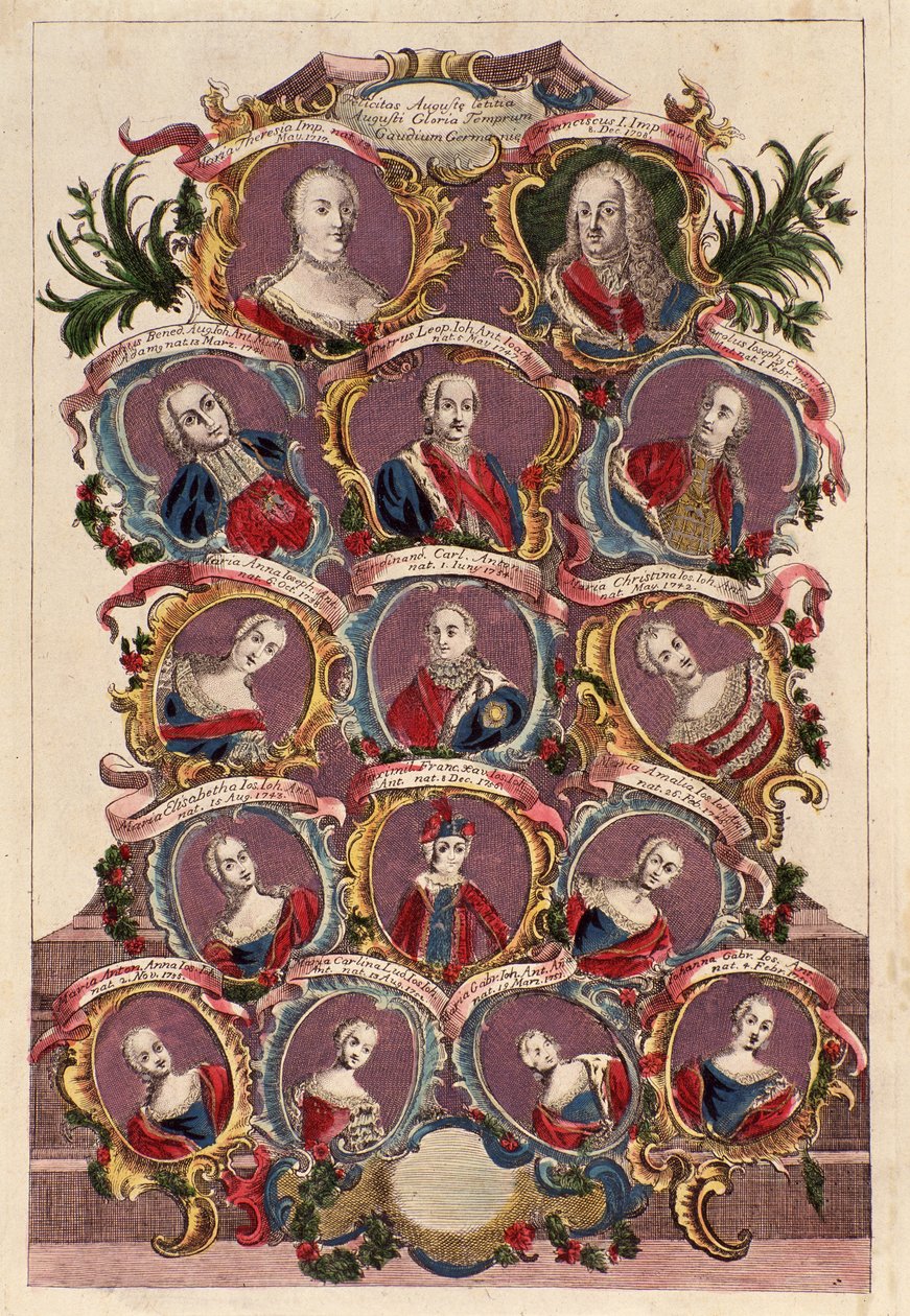 Stamboom van keizerin Maria Theresia van Habsburg (1717-1780) met echtgenoot Frans I en kinderen: Maria Elizabeth, Joseph II, Maria Amalia, Leopold II, Ferdinand en Maximiliaan door Italian School