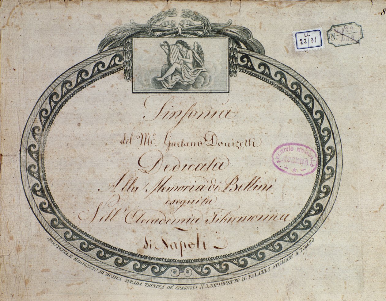 Frontispice detail van "Sinfonia in mi bemolle maggiore: dedicata alla memoria di Bellini" door Gaetano Donizetti (1797-1848) door Italian School