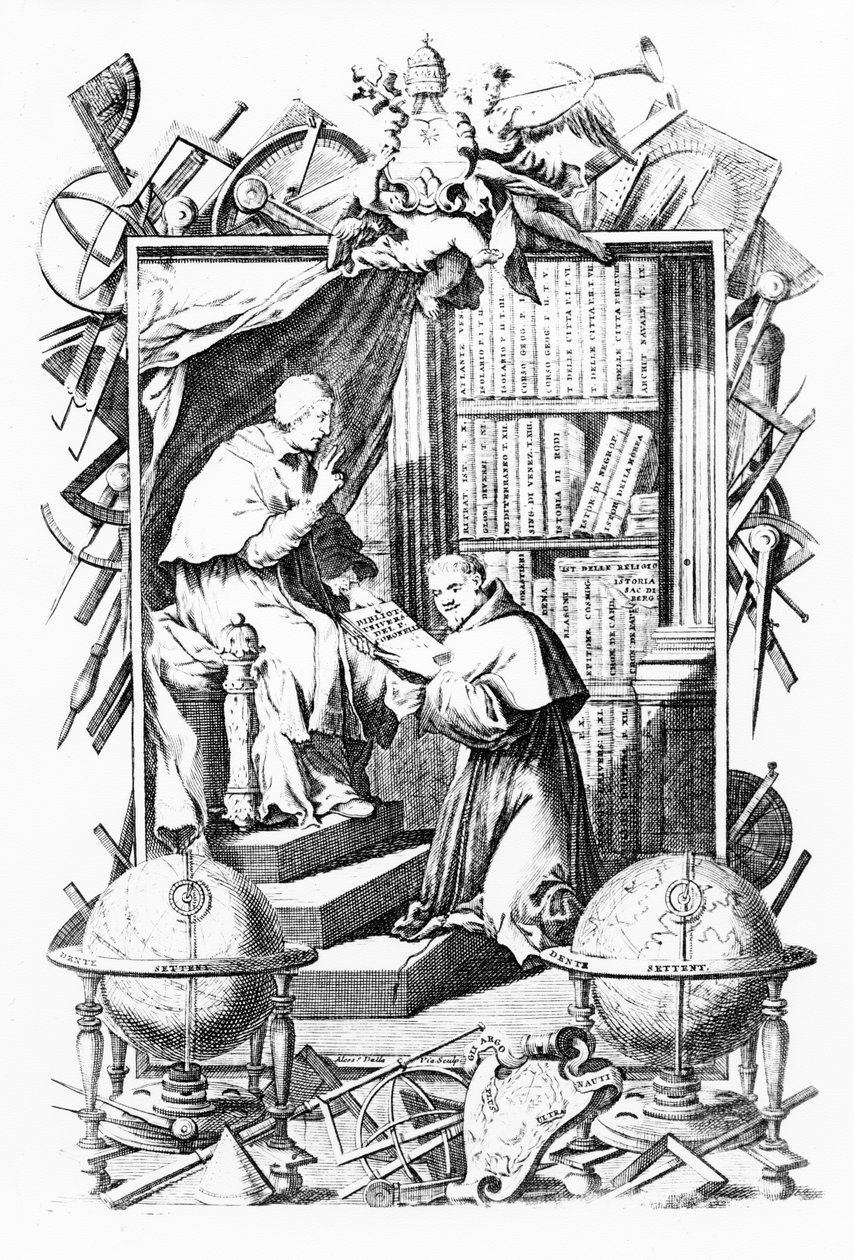 Frontispice voor Biblioteca Universale Sacro-Profana, Vol. 1 door Vincenzo Coronelli, print gemaakt door Alessandro dalla Via, gepubliceerd 1701 door Italian School