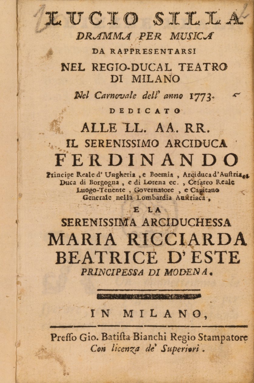 Frontispice van Mozarts Lucio Silla, uitgevoerd in Milaan in 1773 door Italian School