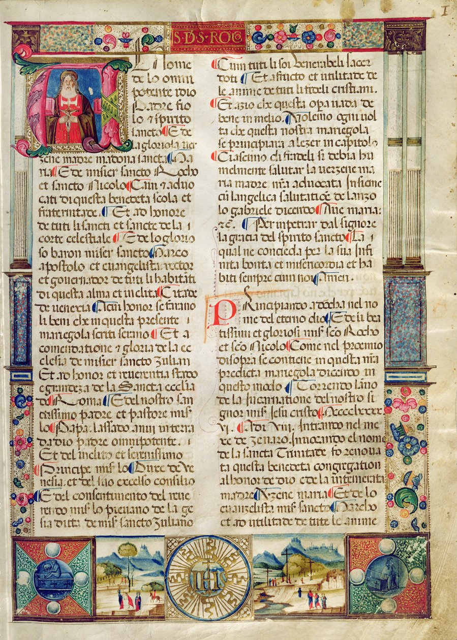Frontispice, uit een Mariegola van de lekenbroederschap van St. Rocco en St. Nicholas door Italian School