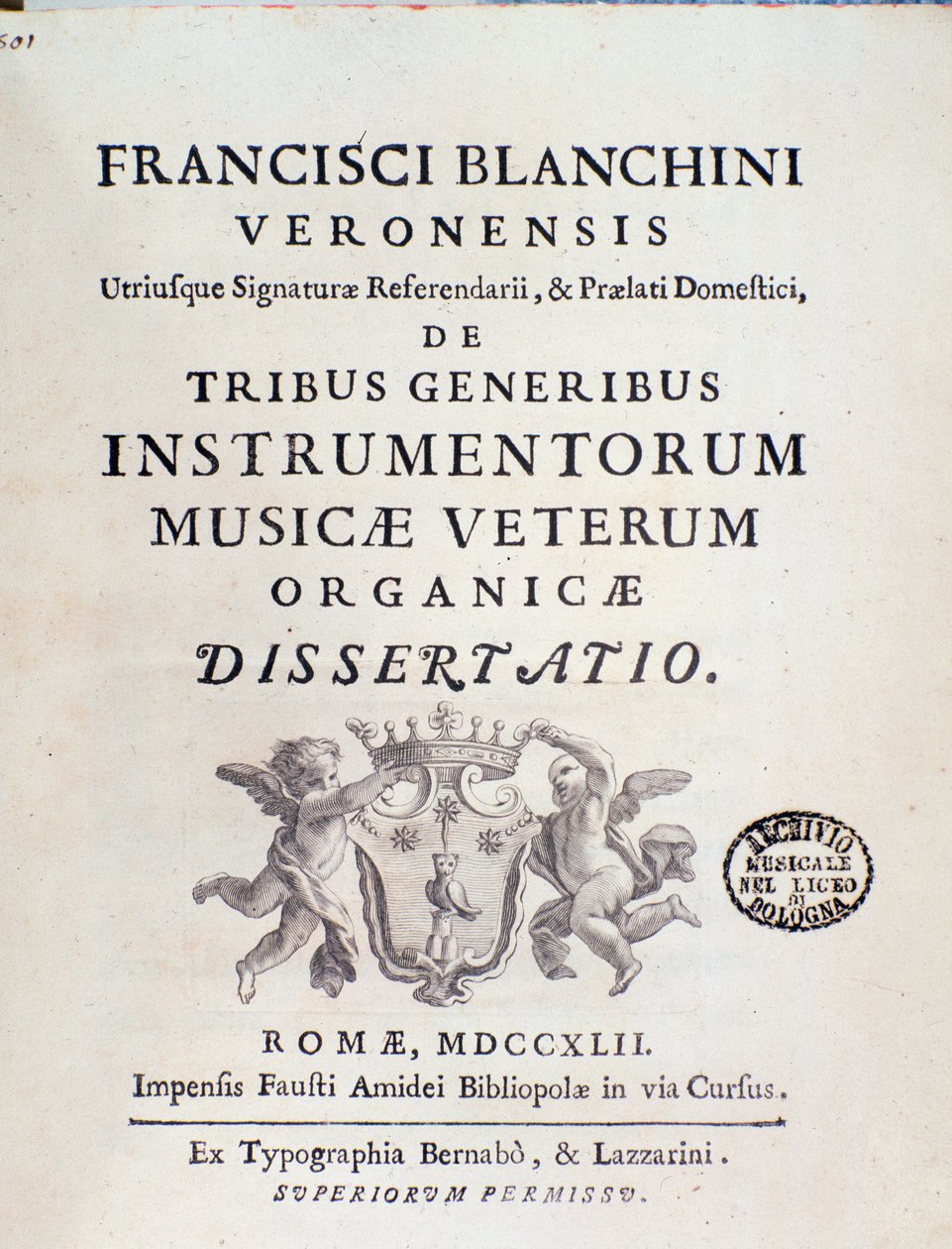 Frontispice van "de Tribus Generibus Instrumentorum Musicae Veterum" werk over oude muziekinstrumenten door Francesco Bianchini door Italian School