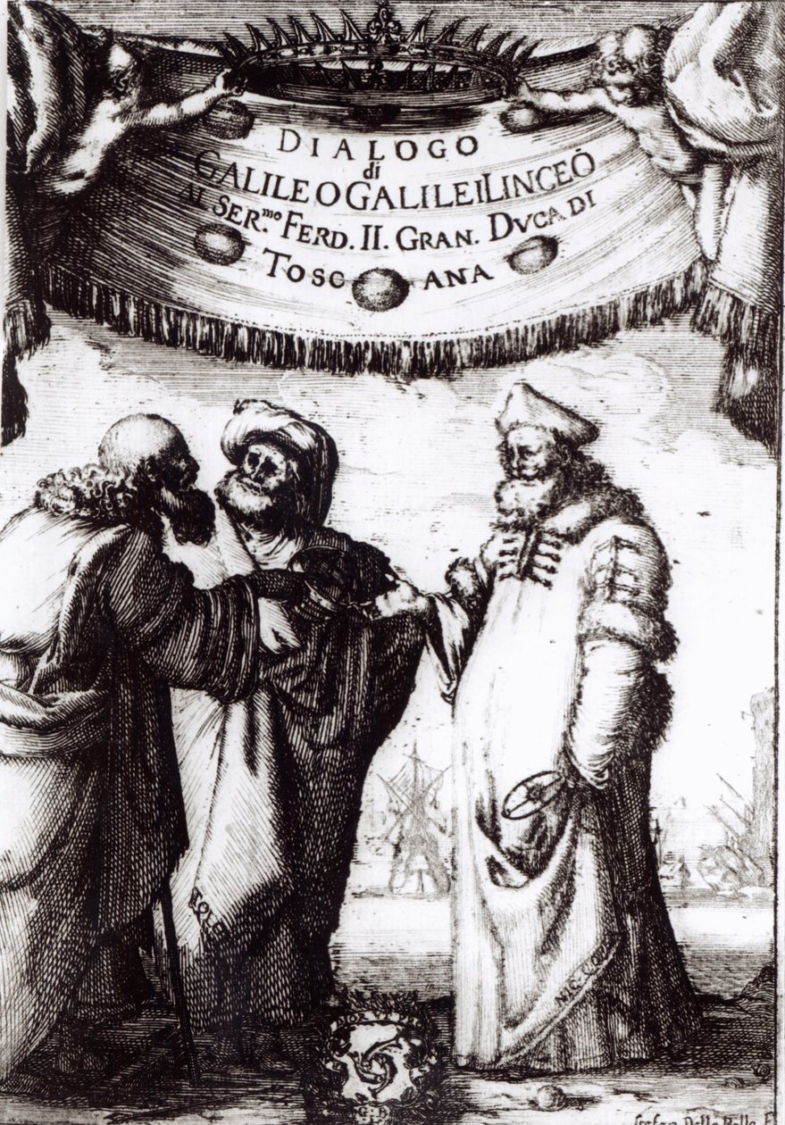 Frontispice van Dialogo sopra i due massimi sistemi del mondo door Galileo, gepubliceerd in 1632 door Italian School