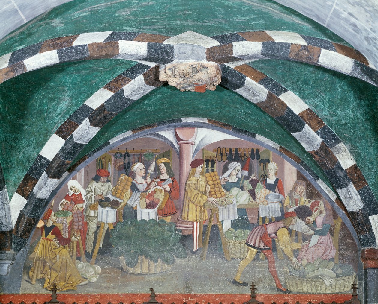 Groenten- en fruitmarkt, ca. 1500 (fresco) door Italian School