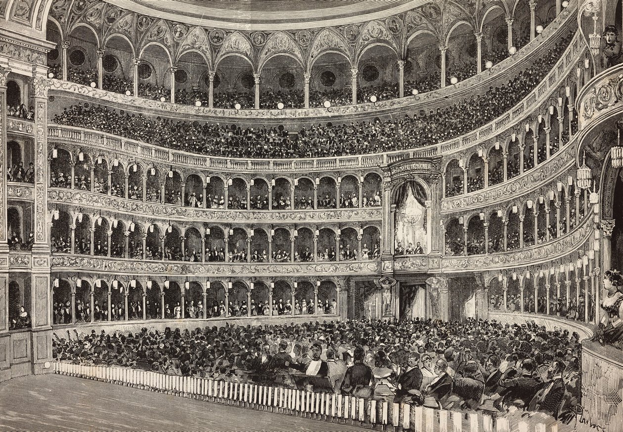 Gala-avond in Costanzo theater ter ere van de kroonprins van Duitsland (toekomstige Frederik III), Rome, Italië, gravure naar tekening van Dante Paolocci, uit L