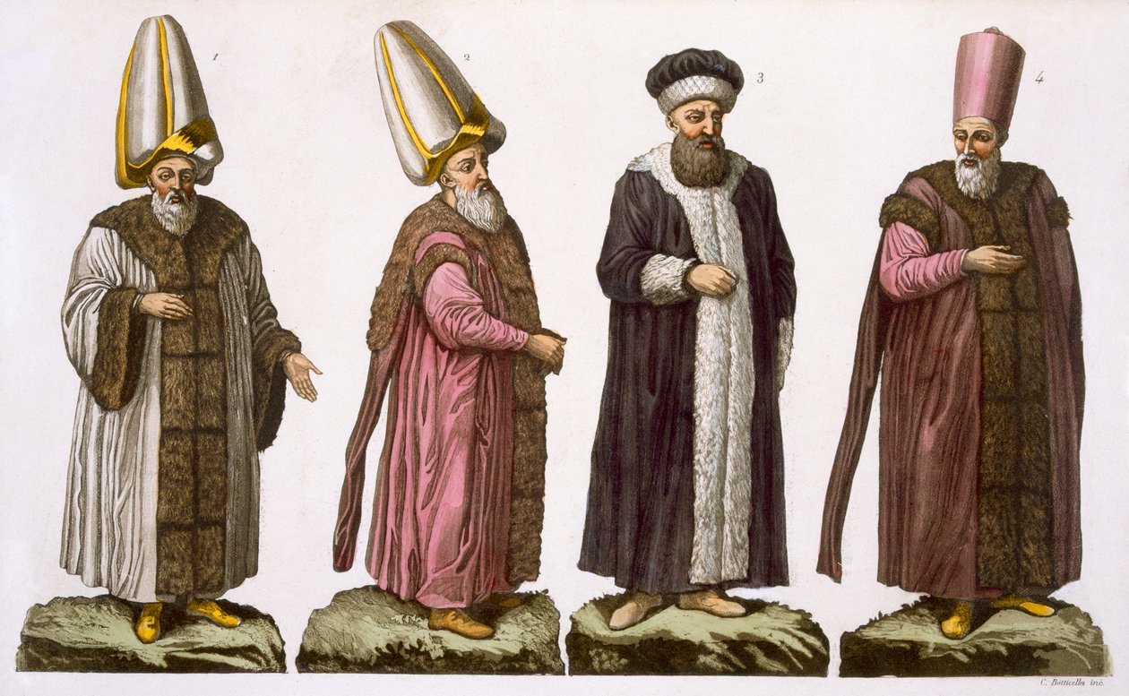 Grote Vizier, Caim-Mecam, Reis-Efendi en Khodjakian, plaat 15 uit Deel III, Volume I van De Geschiedenis van de Naties, gegraveerd door C. Botticella door Italian School