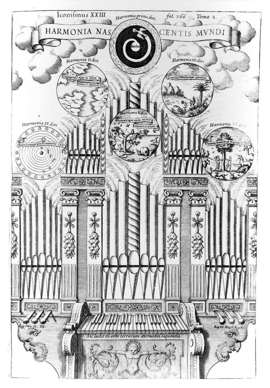 Harmonie van de Geboorte van de Wereld, illustratie uit Musurgia Universalis, Vol.2, fol.366, door Athanasius Kircher, gepubliceerd in Rome, 1650 door Italian School